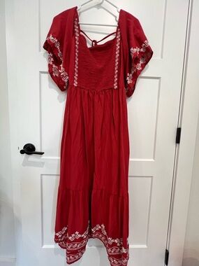Red Embroidered Midi Dress